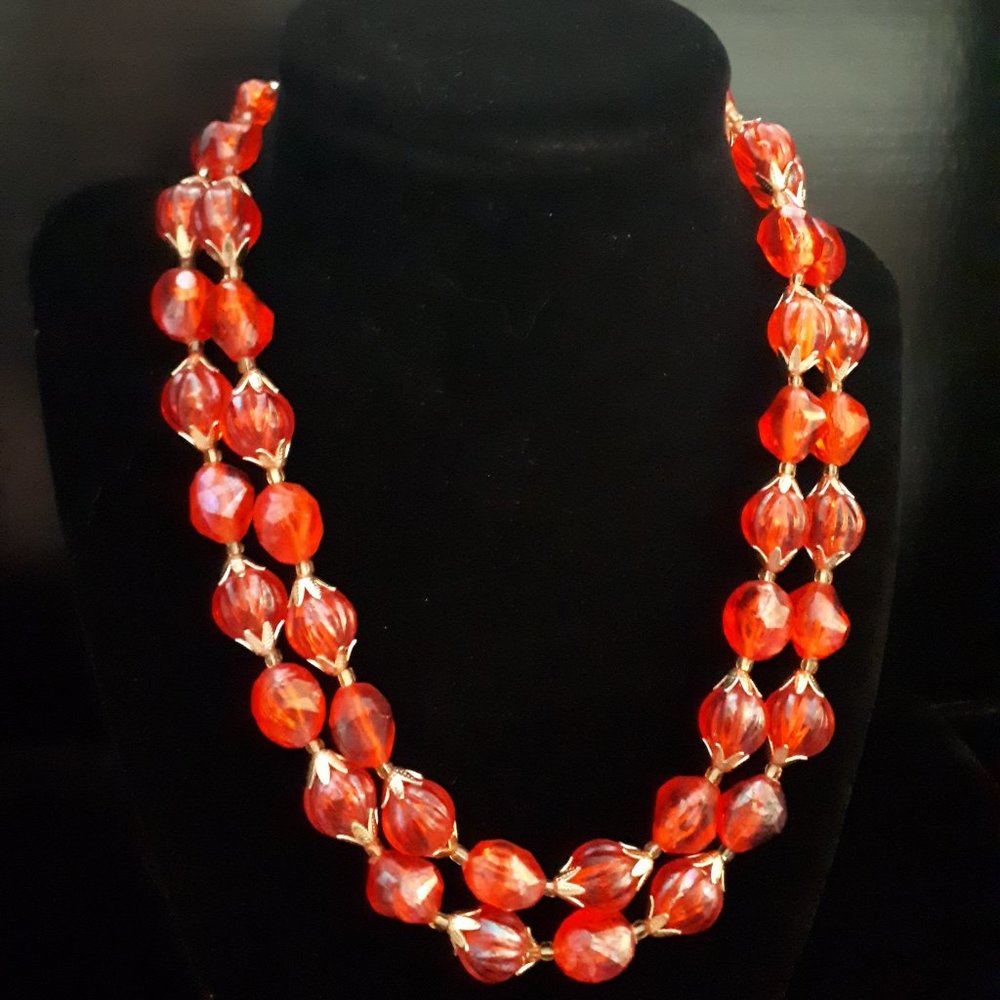 Vintage 2 Strand Red with Aurora Overlay Necklace